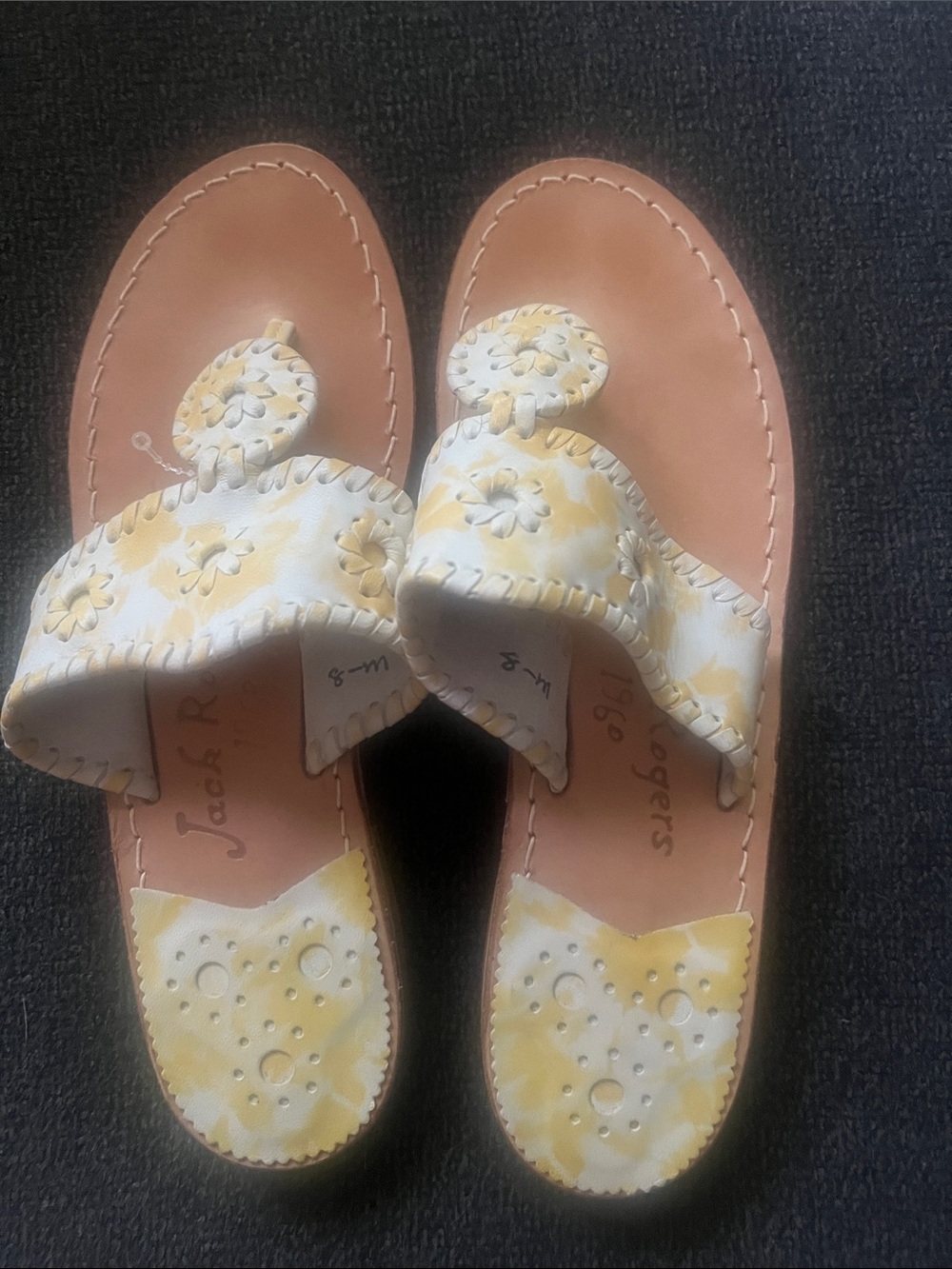 Jack Rogers Yellow & White Floral Cutout Leather Slides